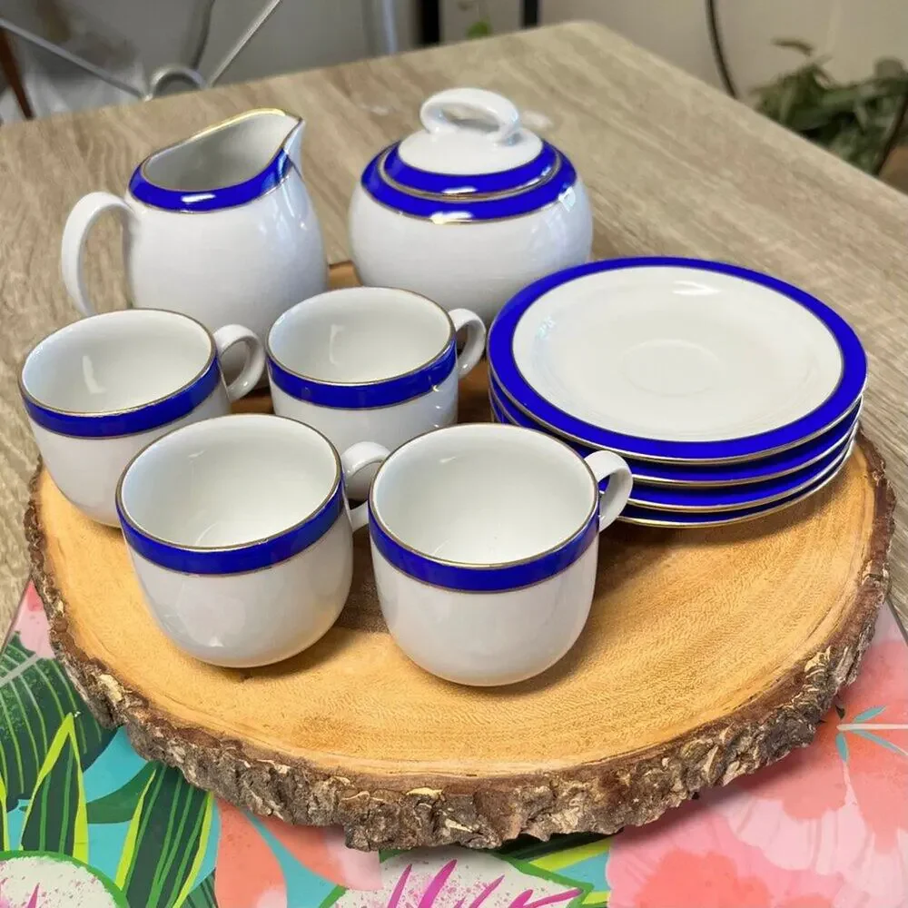 Vintage Walbrzych Poland Demitasse Espresso Set Blue Gold Porcelain 10 Pc RARE